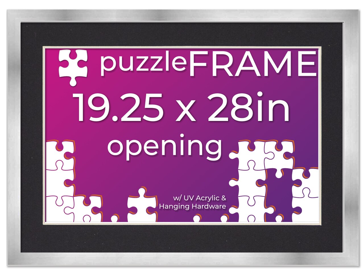 Silver Wood Puzzle Frame Kit with Glue Sheets, Black Mat, Backing, UV Acrylic - Available in 20 Popular Sizes